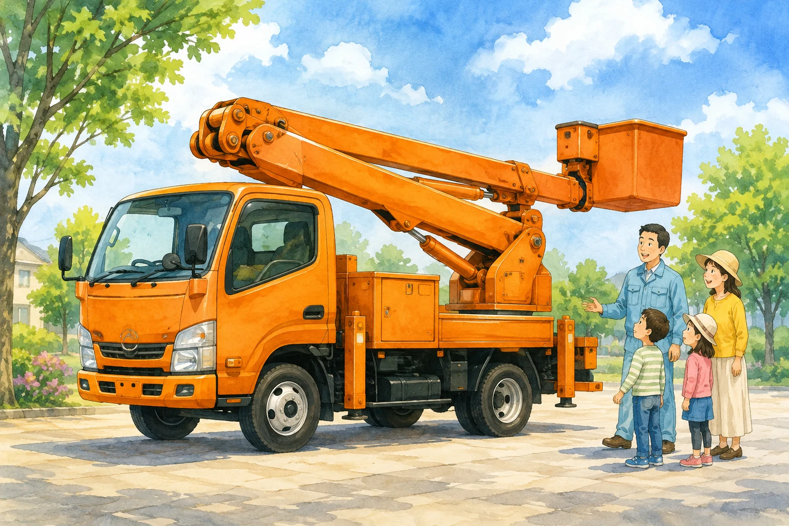 orange Japanese truck-mounted aerial work platform with bucket and folded boom, entire vehicle visible