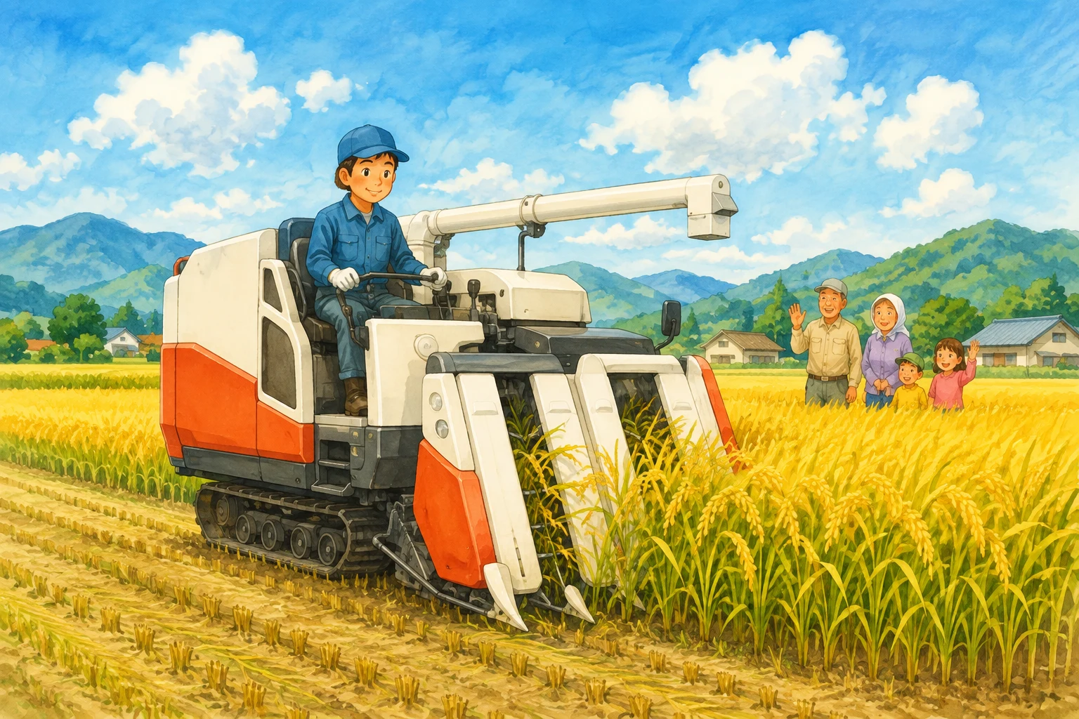 compact Japanese self-threshing combine harvester in a golden rice paddy, entire machine visible