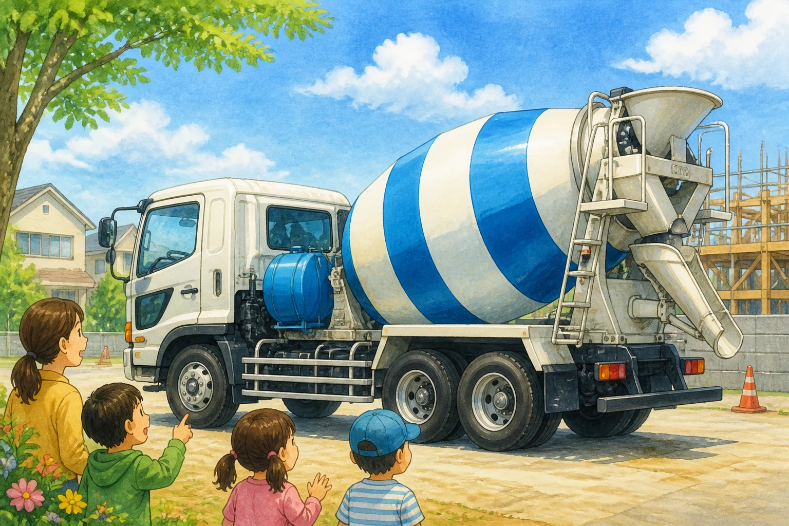 Japanese rear-discharge concrete agitator truck with striped rotating drum, entire vehicle visible