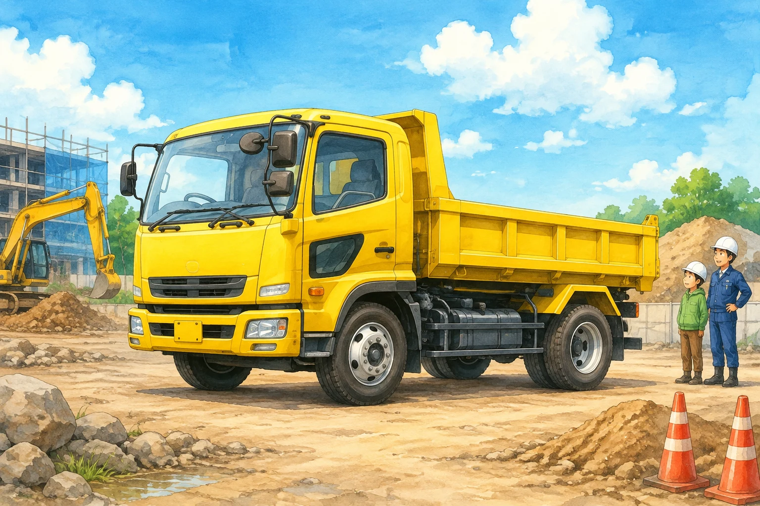yellow Japanese road-going dump truck at a construction site, empty bed lowered, entire vehicle visible