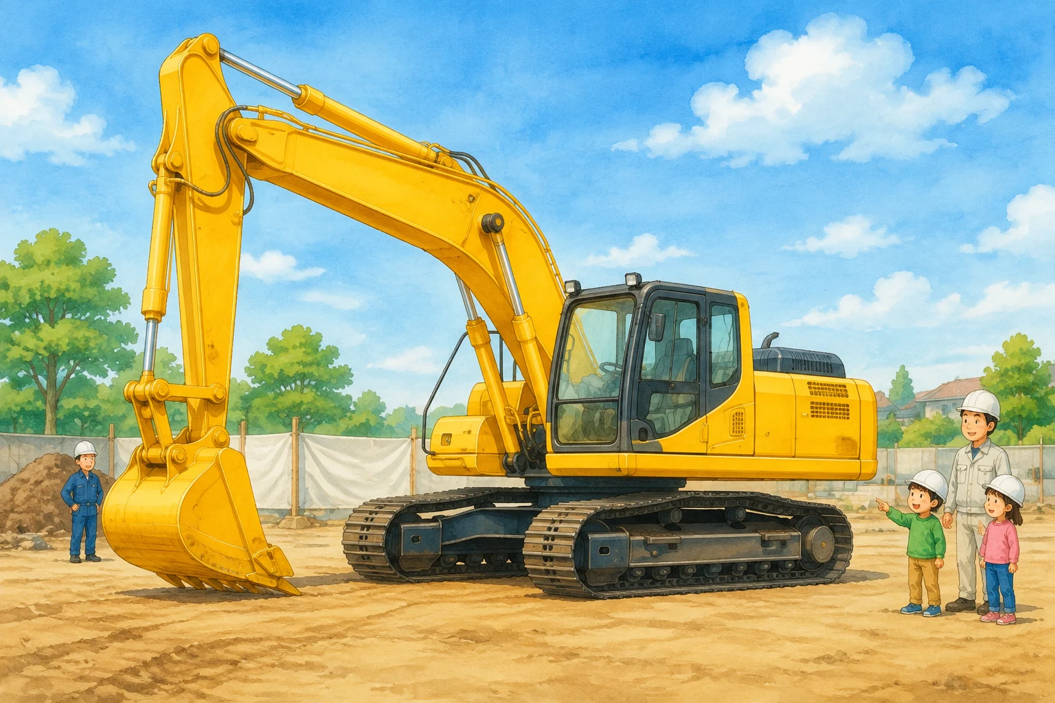 yellow Japanese hydraulic excavator at a clean construction site, entire machine visible