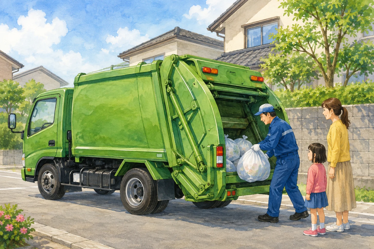 green Japanese rear-loading garbage collection truck in a clean residential street, entire vehicle visible