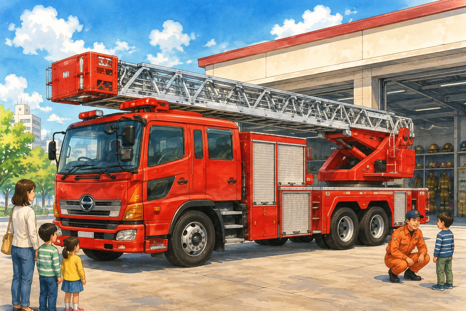 a red Japanese 30-meter ladder fire truck parked at a city fire station, entire vehicle visible