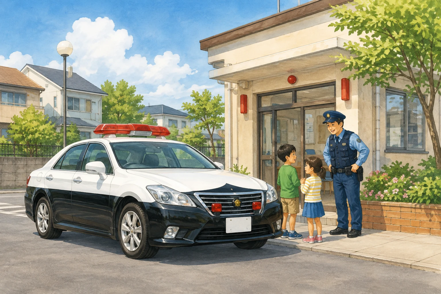 Japanese black-and-white patrol car parked beside a neighborhood police box, entire car visible