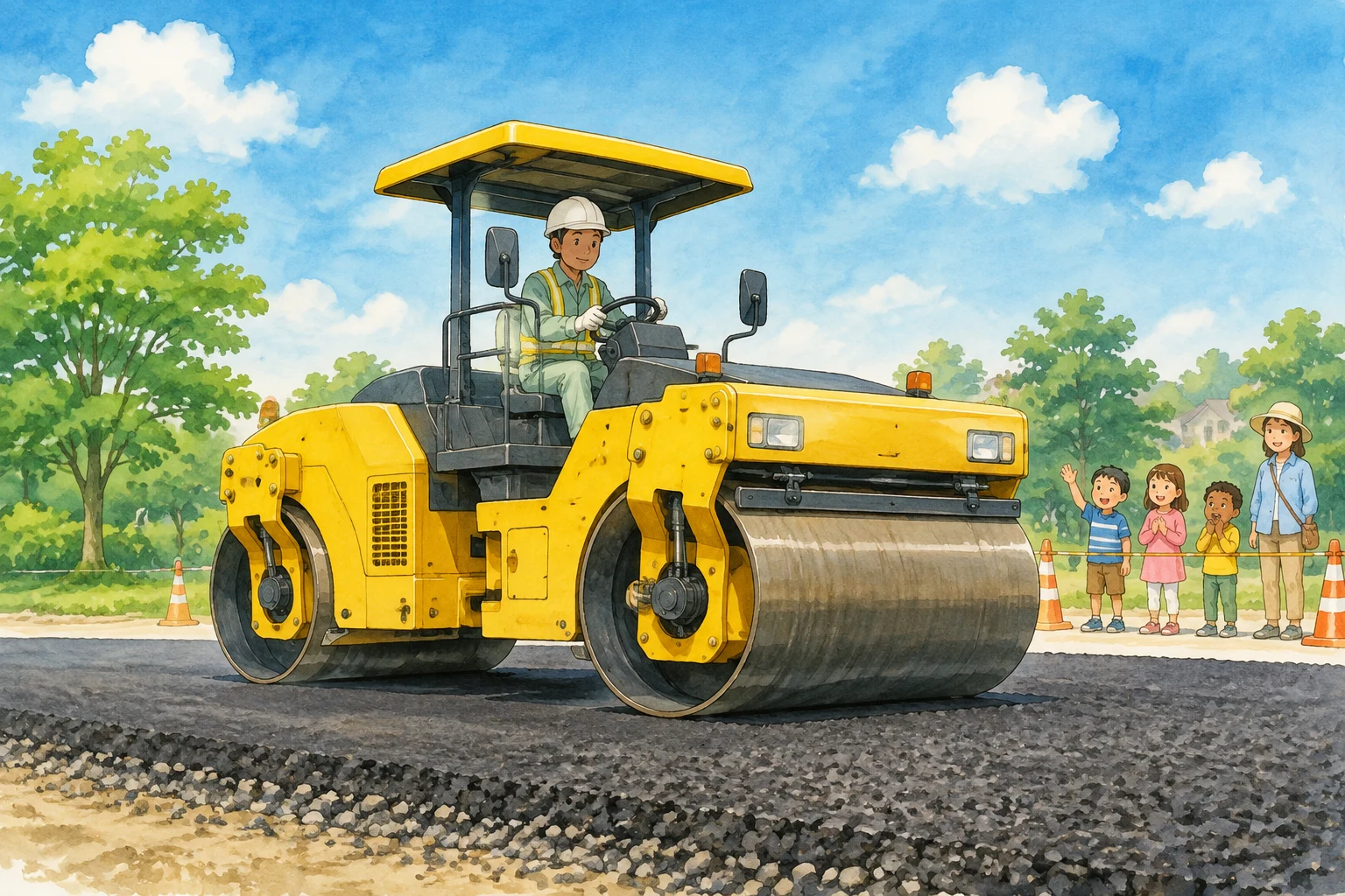 yellow tandem road roller on a fresh road base, entire vehicle visible