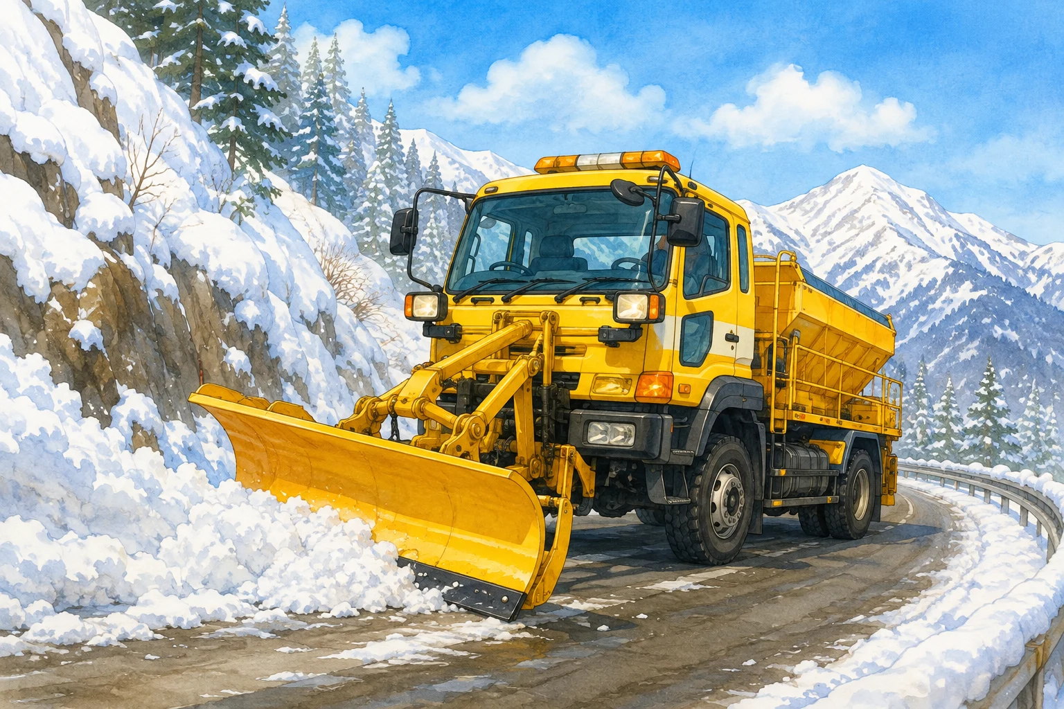 large yellow Japanese snowplow truck with angled front blade on a mountain road, entire vehicle visible