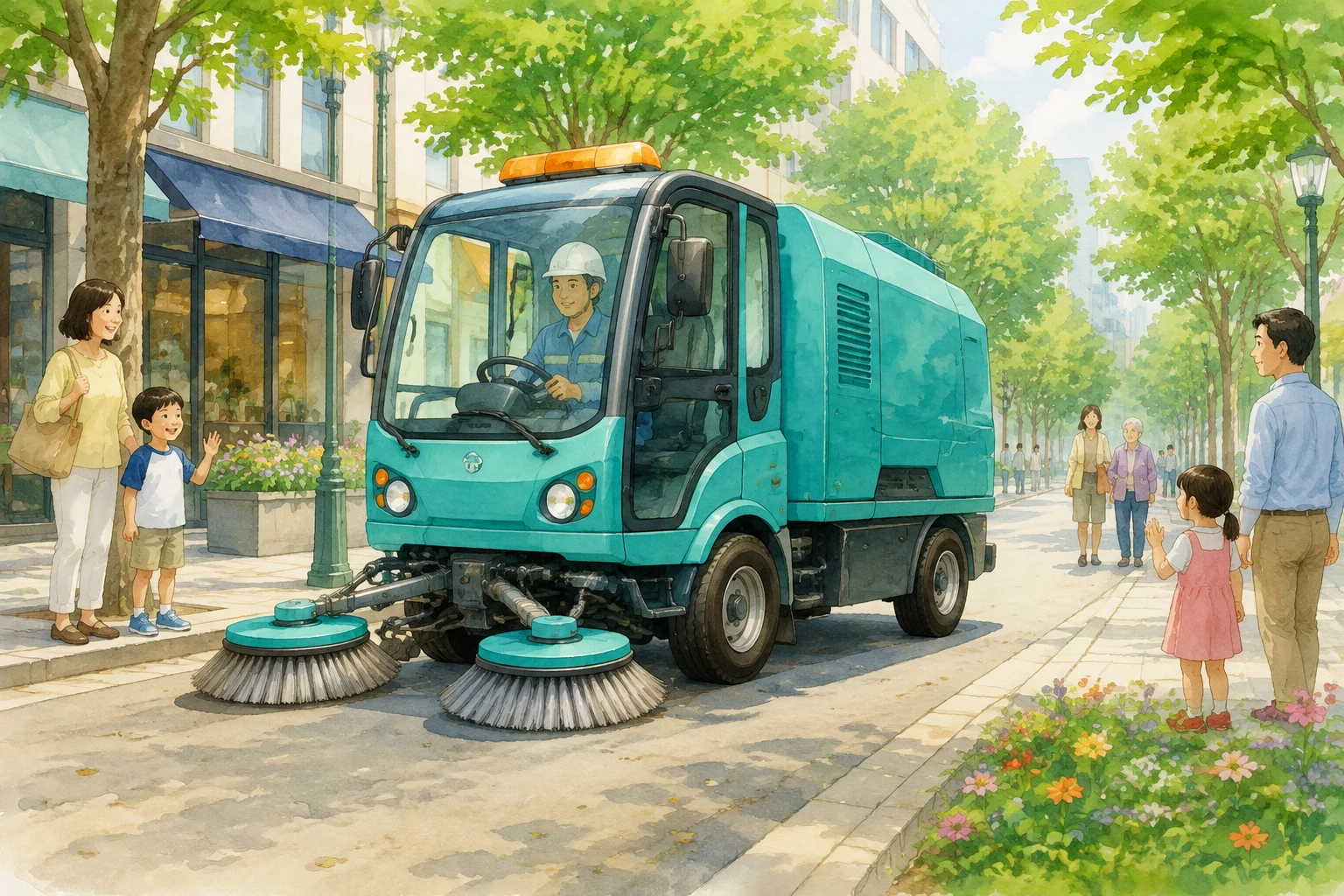 turquoise Japanese street sweeper with round side brushes on a clean avenue, entire vehicle visible