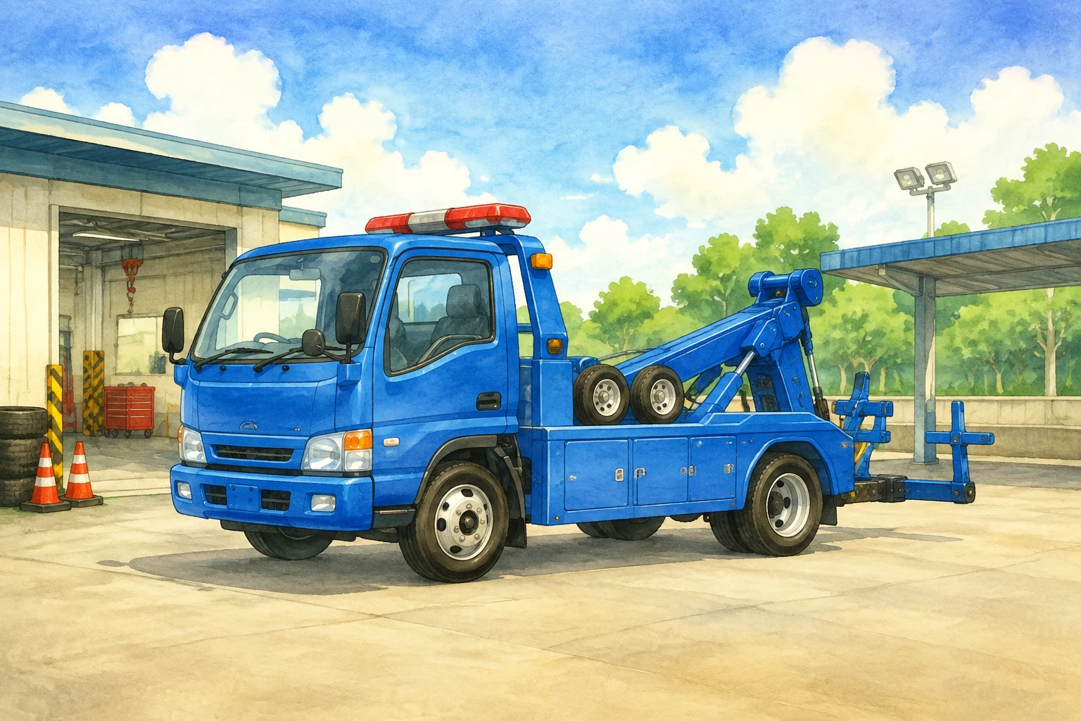 blue Japanese wheel-lift tow truck at a roadside assistance base, entire vehicle visible