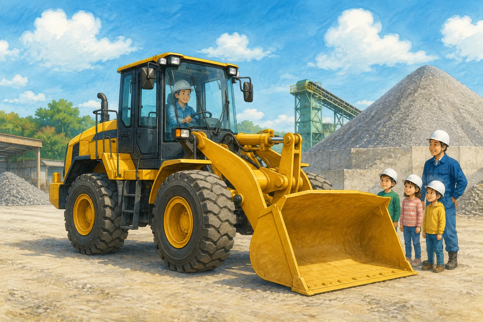 yellow wheel loader with four large tires and front bucket at a Japanese gravel yard, entire vehicle visible